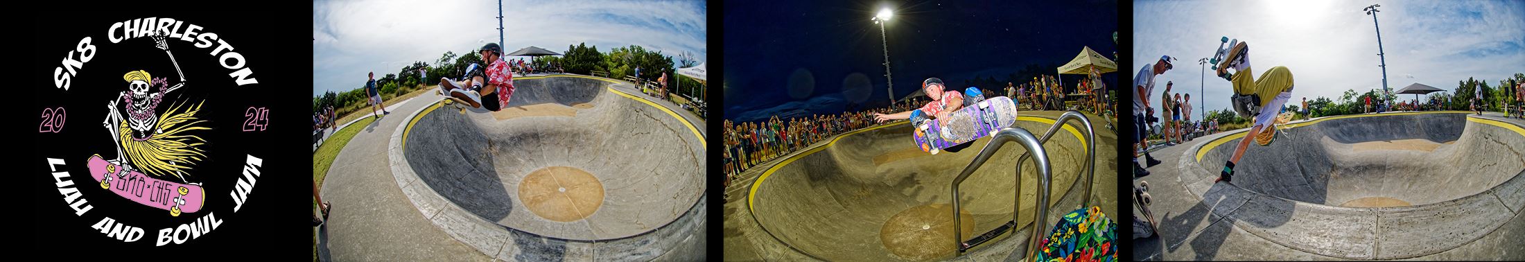 Skaters skateboarding in the bowls at SK8 Charleston