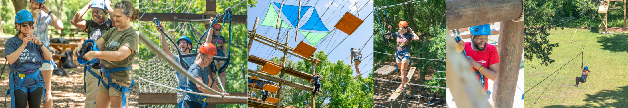 A group of people climb the different elements on the Challenge Course at James Island County Park. 
