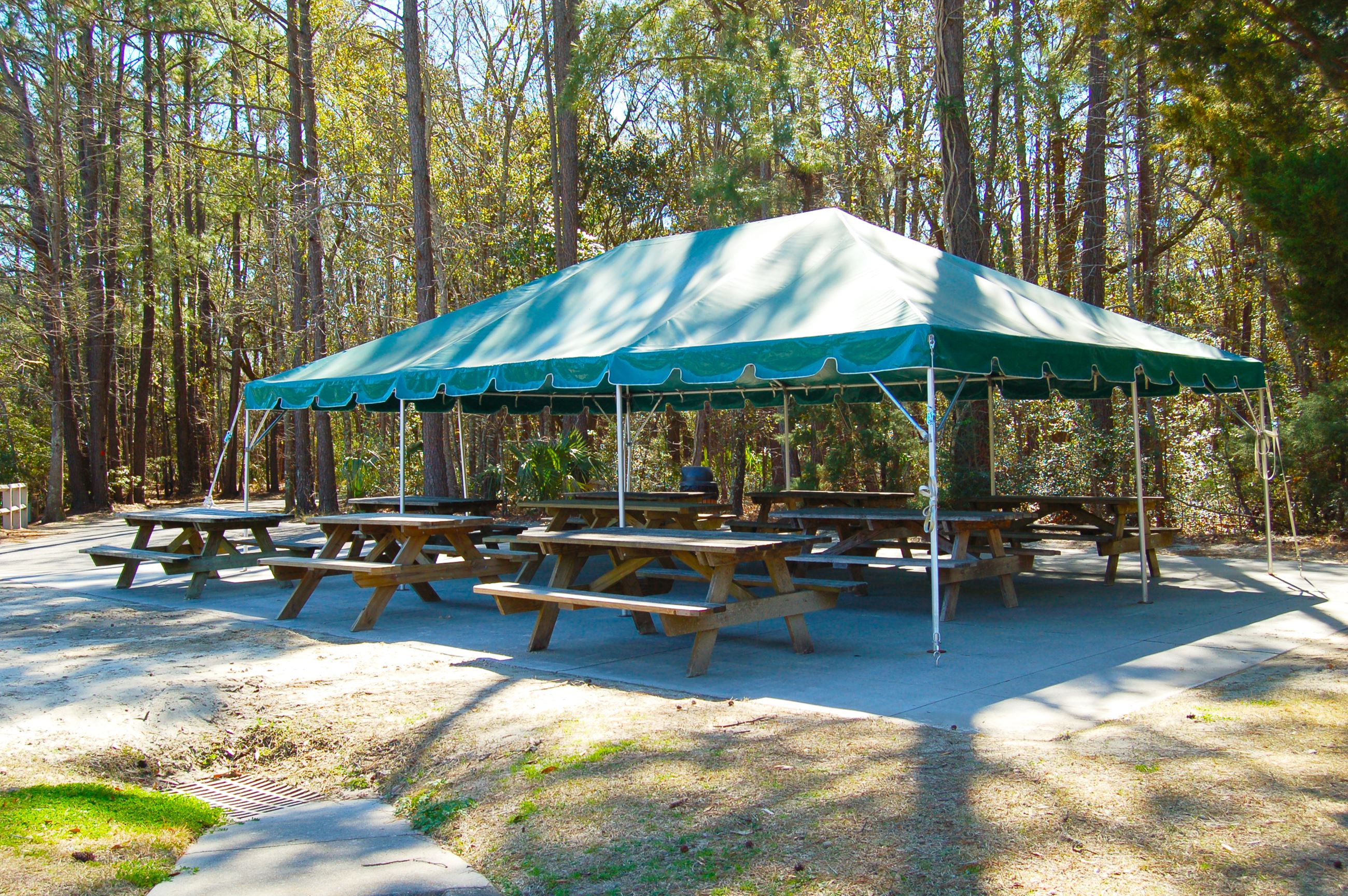 Image of a tent with picnic tables.
