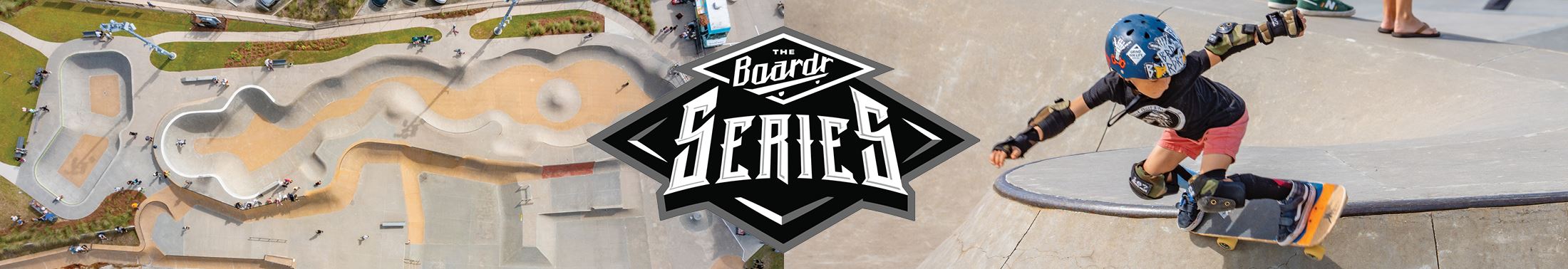 Image of the skatepark at SK8 Charleston and a skater with the words \"Boardr Series.\"